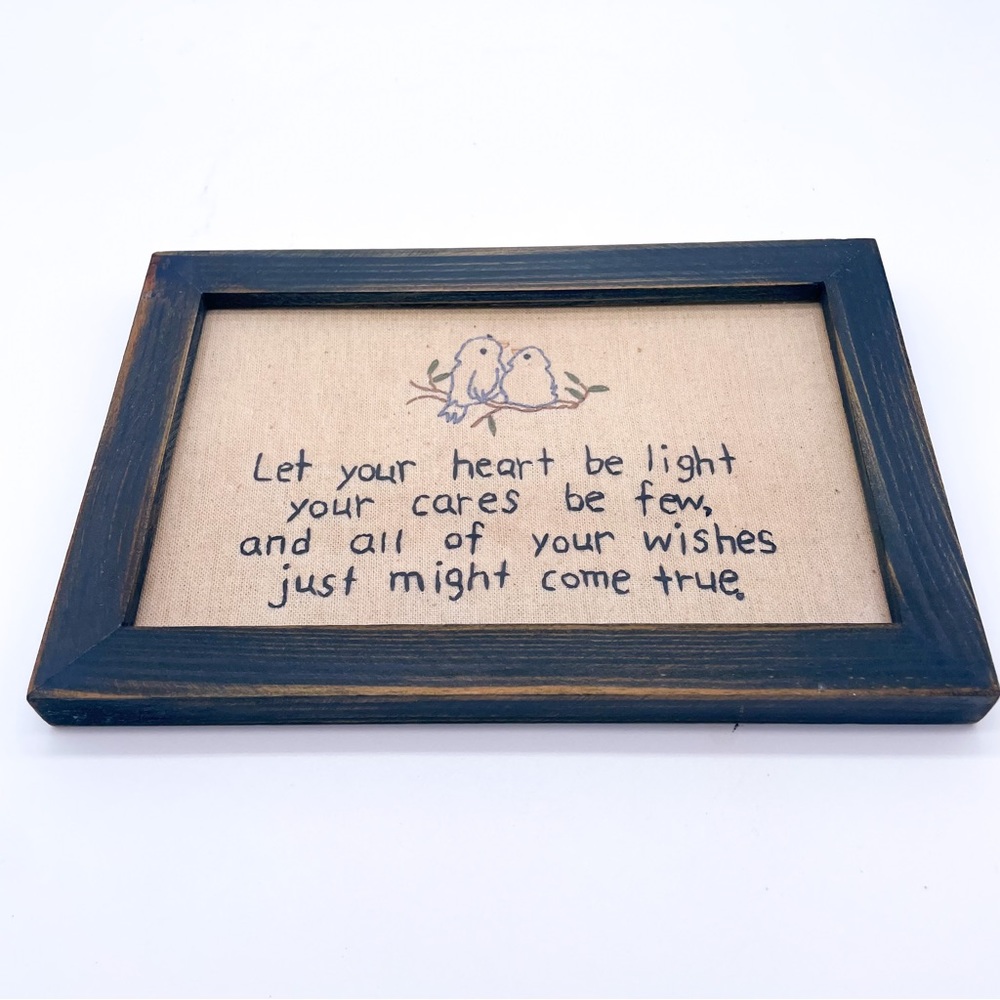 Vintage Framed Embroidery "Let' Your Heart Be Light" with Birds on Branch